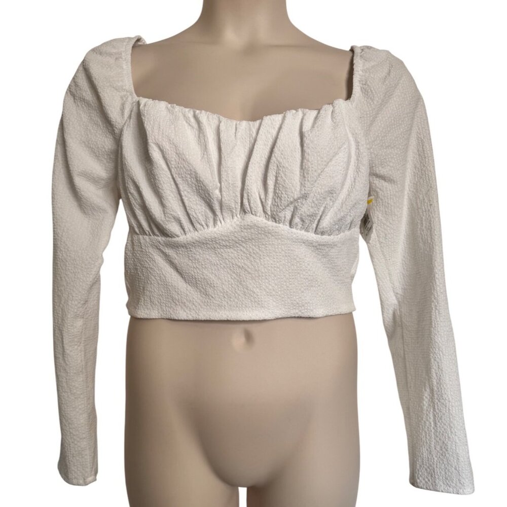 Astr The Label Cream Textured Cropped Top Size XL Long Sleeve Puff Shoulder Stre